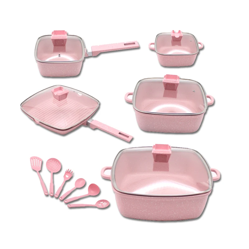 

Unique pot 16pcs square granite marble medical stone non-stick pot set