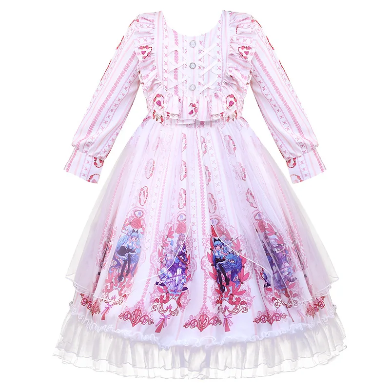 

2021 Princess Lolita dress with floral print long sleeve court style Lace Children's Birthday Party Dress for Spring Autumn, As shown