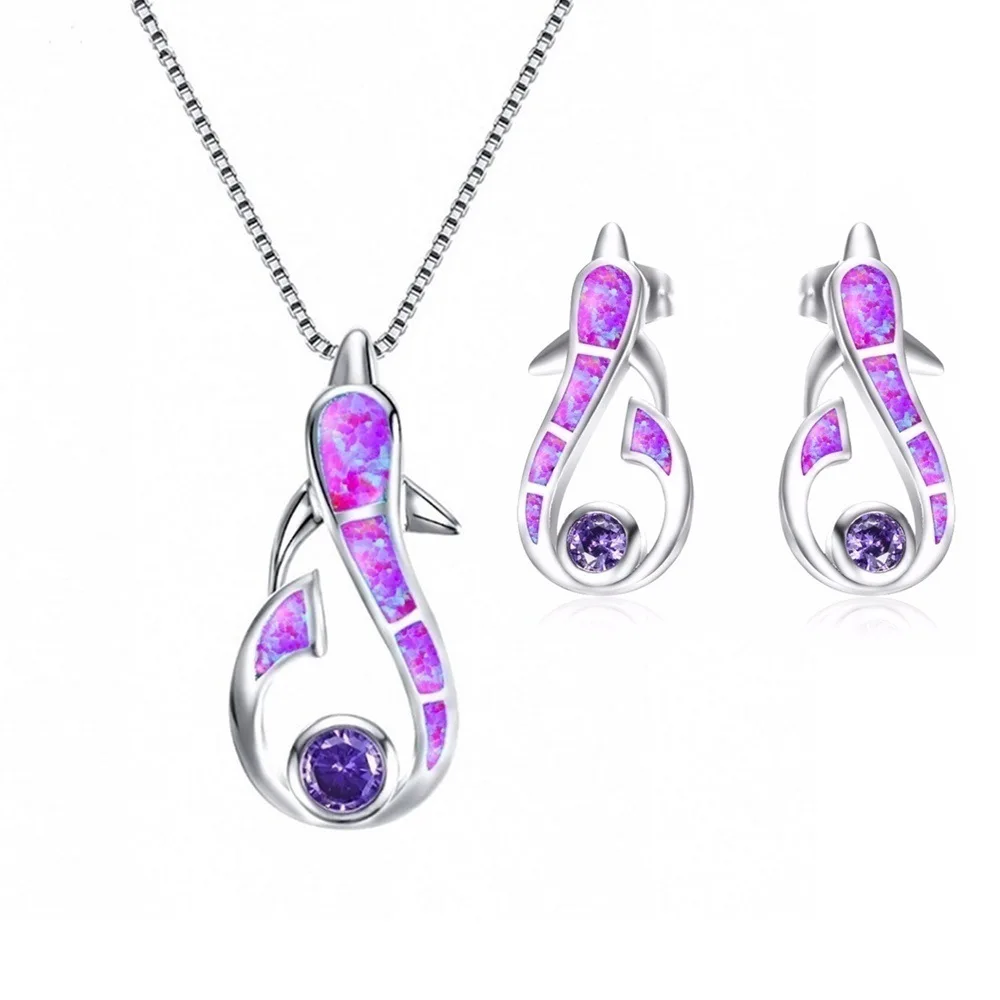 

2020 New Fashion Valentine's Opal Dolphin Necklace Earring Set Shinny Crystal Opal Dolphin Stud Earring Necklace For Women, Picture