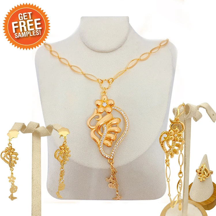 

24k Gold Plated Luxury Necklace Mature Woman Jewelry Set zircon earring necklace ring bracelet jewelry set, Gold color