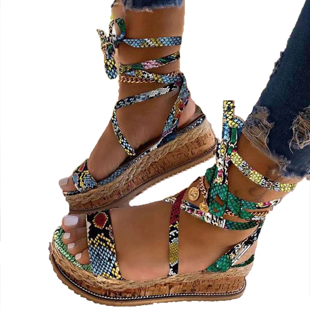 

Superstarer summer womens strap sandals large size colorful snake lace up sandals for women, Black yellowgreen khaki