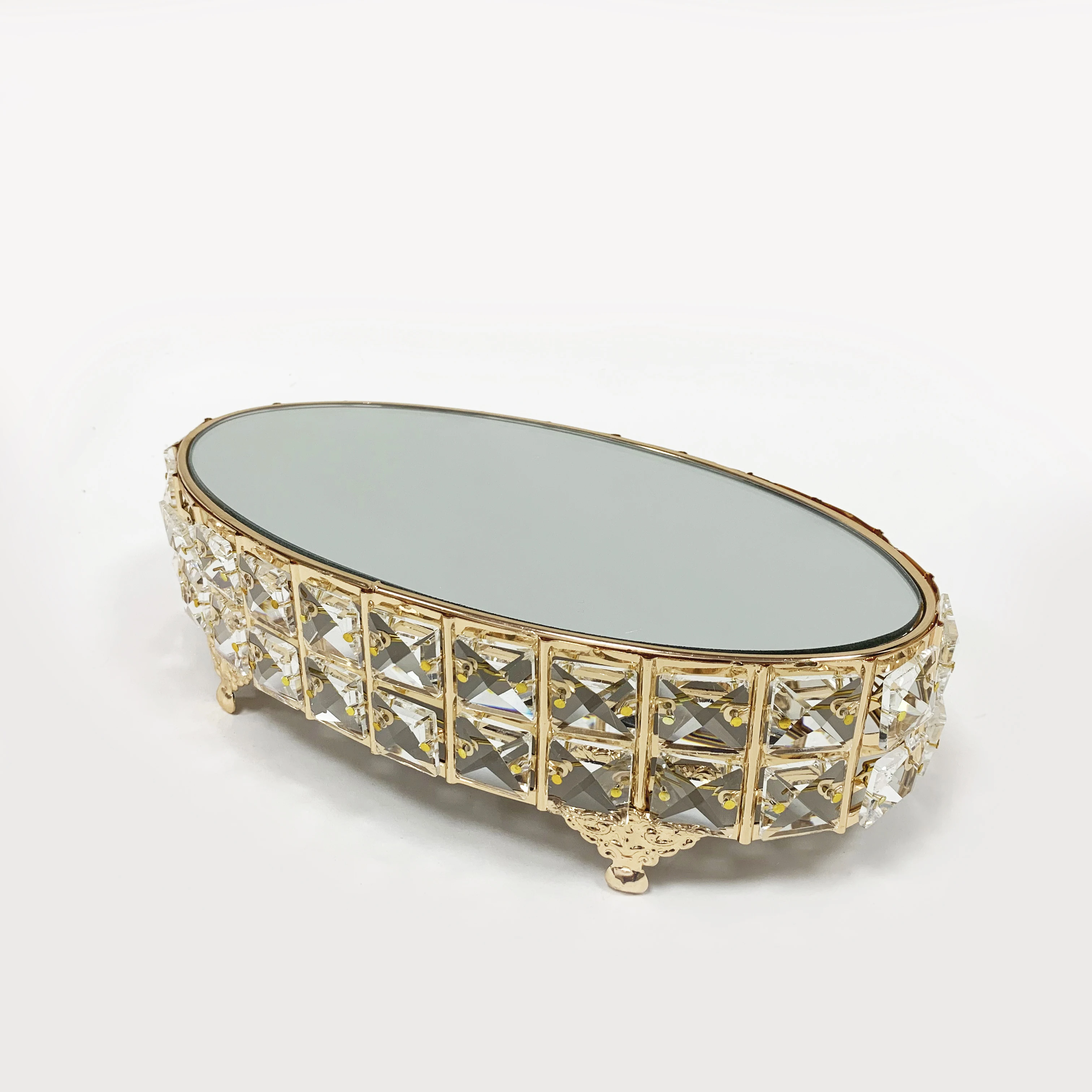 

Wholesale Mirror Metal Dessert Table Stand Light Gold Little Square Crystal Decorated Oval Cake Tray, Light gold/gold/silver