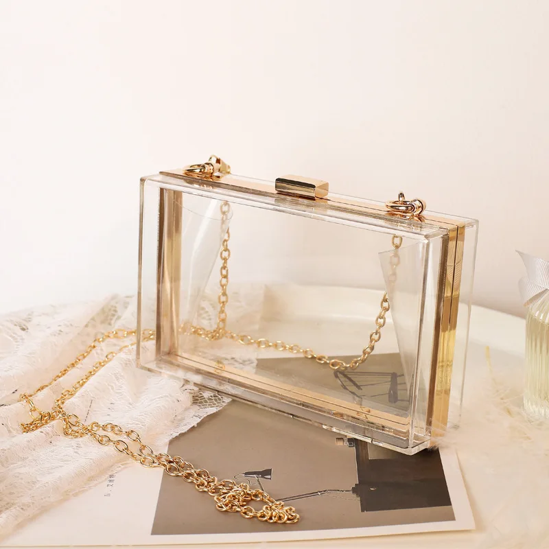 

Cute 2021 Transparent Shoulder Handbag evening box bags women Clear Purse Acrylic Clear Clutch Bag With Gold Chain Strap Handbag