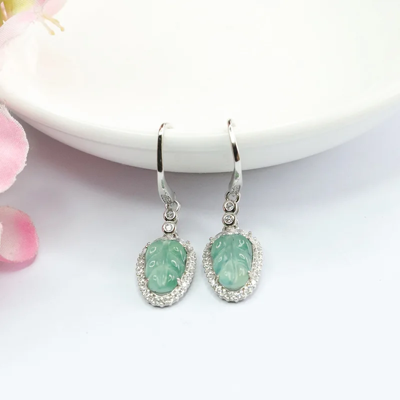 

S925 Silver Inlay Natural Emerald Earrings Ice-Like Blue Water Leaf Ear Hook Factory Wholesale FC3032009