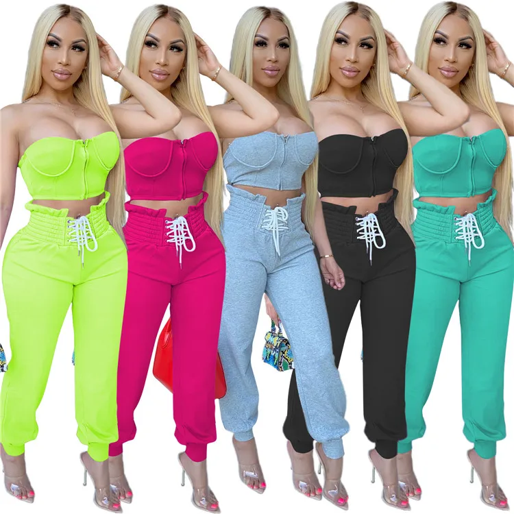 

2021 Sexy Solid Two Piece Set Strapless Zipper Crop Top+High Waist Trousers Women Sets Streetwear Two Piece Sets, As picture