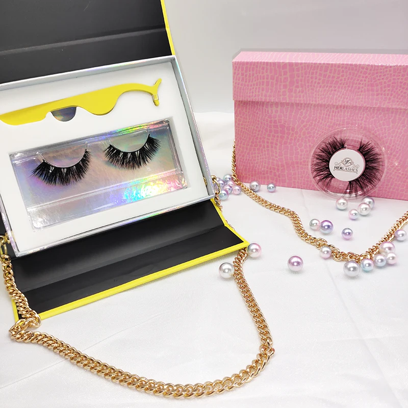 

Wholesale Private Label 100% mink fur eyelash with one pair eyelash and applicator lash chain bag