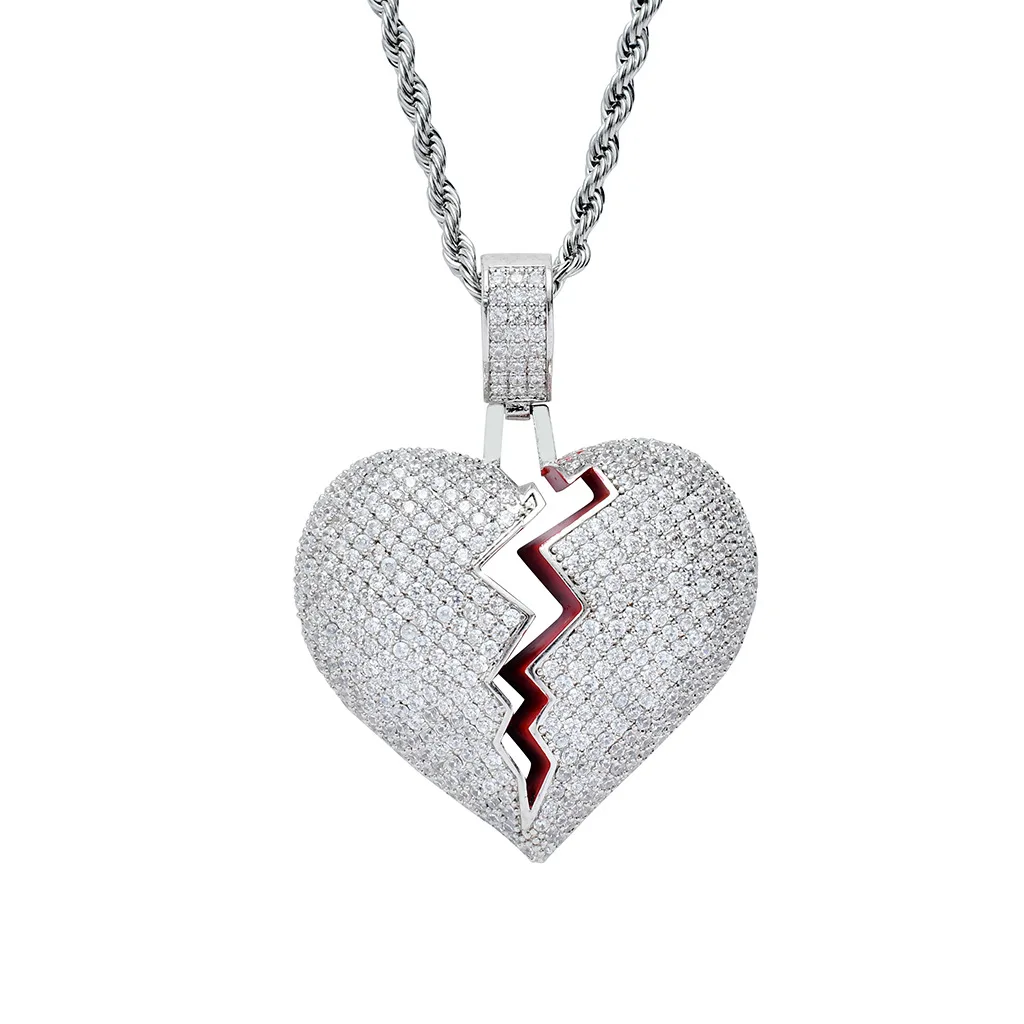 

Hot Selling Personality Broken Heart Shape Male and Female Couple Pendant Broken Heart Full of Zircon Hip Hop Necklace Trendy