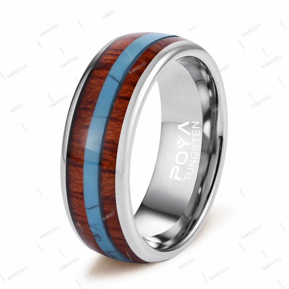 

Poya Custom Engraved 8mm Domed Silver Tungsten Ring With Triple Channel Turquoise Koa Wood Inlaid, Customized color