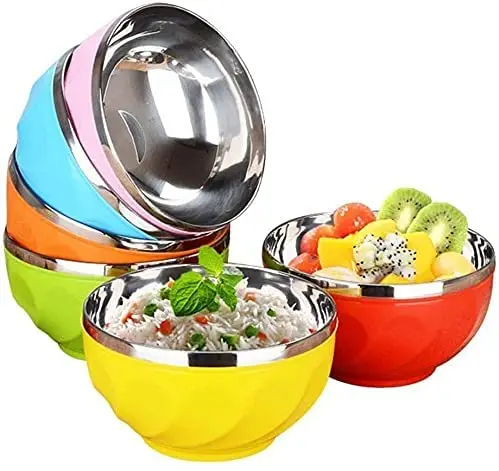 

Amazon hot sale household double layer anti-scalding and anti-falling 6-piece color stainless steel children's bowl set, 6-piece colorful stainless steel bowl