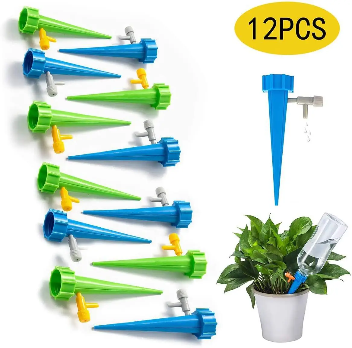 

12 Pack Set Plant Waterer Self Watering Spikes System Automatic Drip Irrigation Water Devices with Slow Release Control Valve, Green/blue