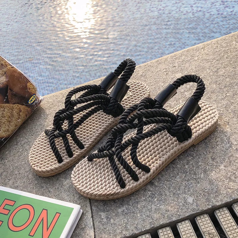 

Spring Summer Fashion Flat Bottomed Breathable Hemp Rope Woven Roman Sandals Slipper For Women, Colors