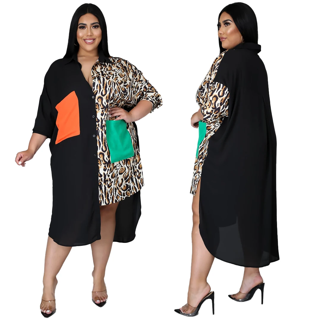 

2021 The best selling irregular Leopard Print color matching plus size women's clothing fashion long shirt casual dress, 2colors