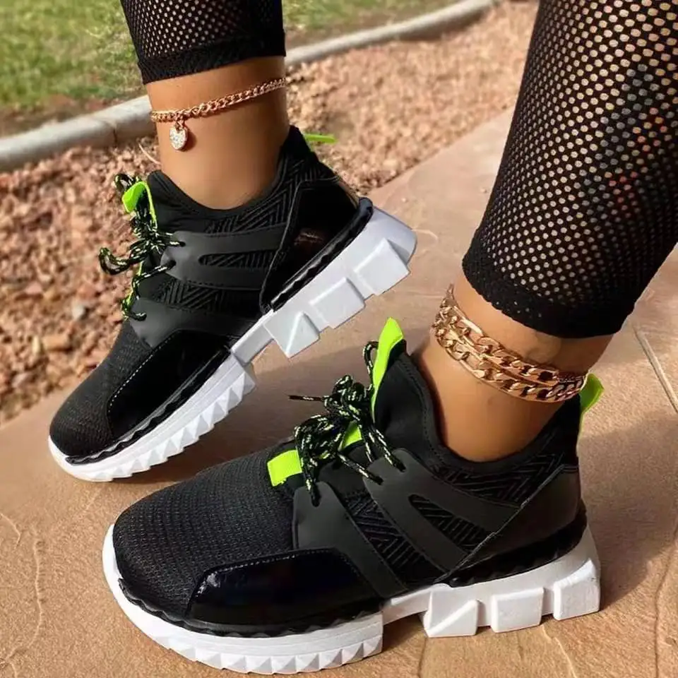 

2020 Women Luxury Platform Sneakers Female Fashion Breathable Thick Bottom Casual Chunky Shoes, Green, black