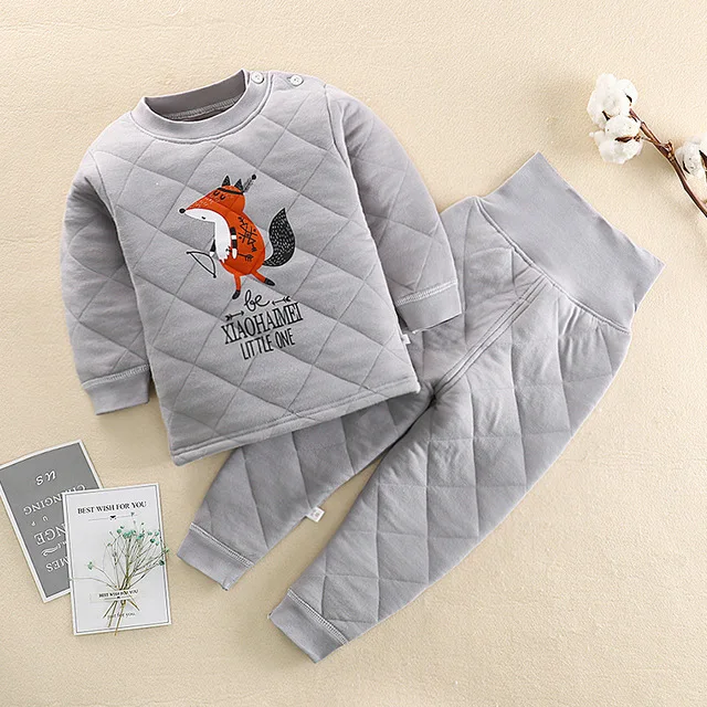 

100%Cotton thermal baby pajamas boys girls pyjamas sets long sleeves winter high waist children leisure wear, As picture