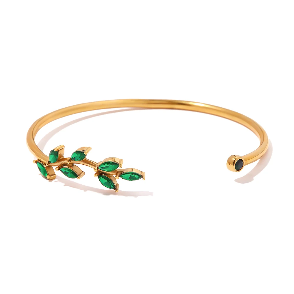 

Retro 18k Gold Plated Stainless Steel Opening Jewelry Gift Green Cubic Zirconia Leaves Bangles for Girls