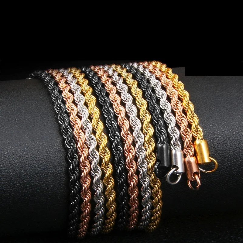 

4MM Silver Gold Plated Stainless Steel Twist Rope Chain Necklace Jewelry For Pendant Chunky Aesthetic Accessories Gifts