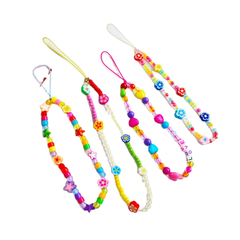 

XUFANG Hot Sell New Flower Heart Beaded Wristband Phone Chain Colored Polymer Clay Fruit Mobile Phone Strap Lanyard for Girls, 17 colors in stock