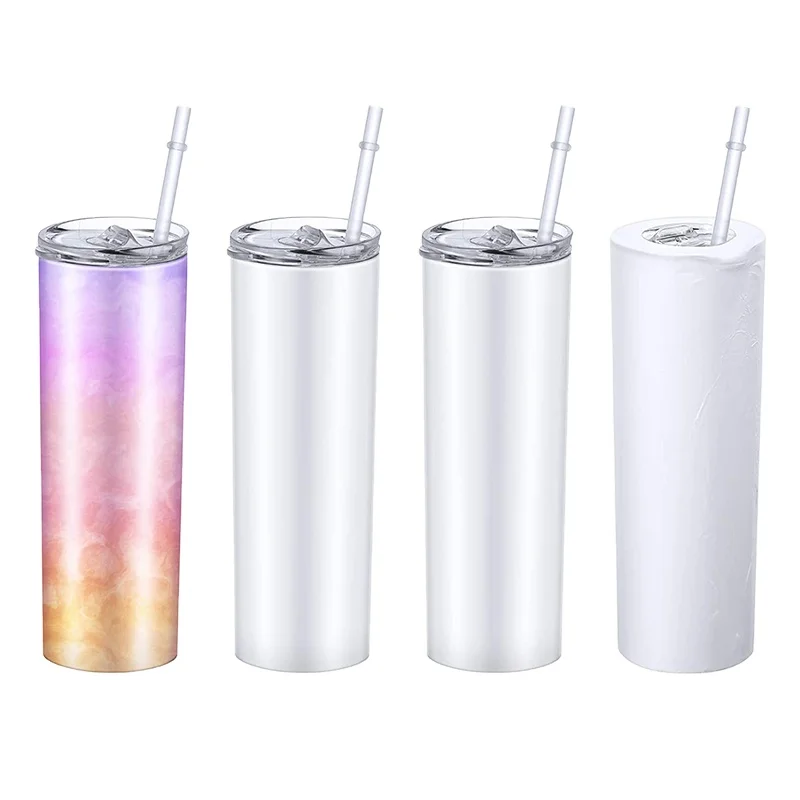 

Dropshipping 20oz Skinny White Straight Sublimation Blanks Stainless Steel Tumblers With Metal Straws, Customized colors acceptable