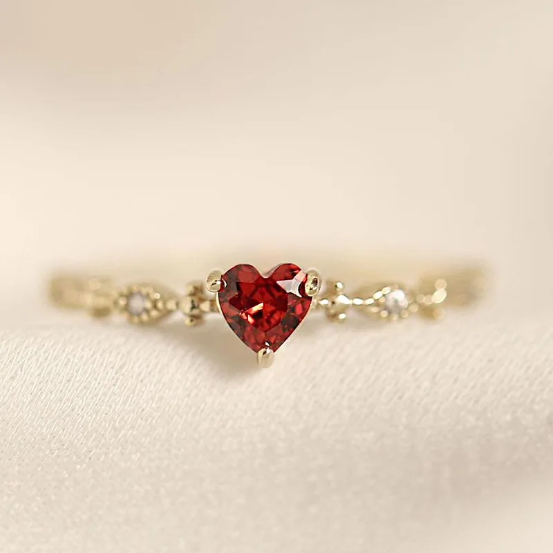 Luxury S925 Sterling Silver Ruby Stone Elegant Opening Adjustment Heart Diamond Ring for Women Ladies