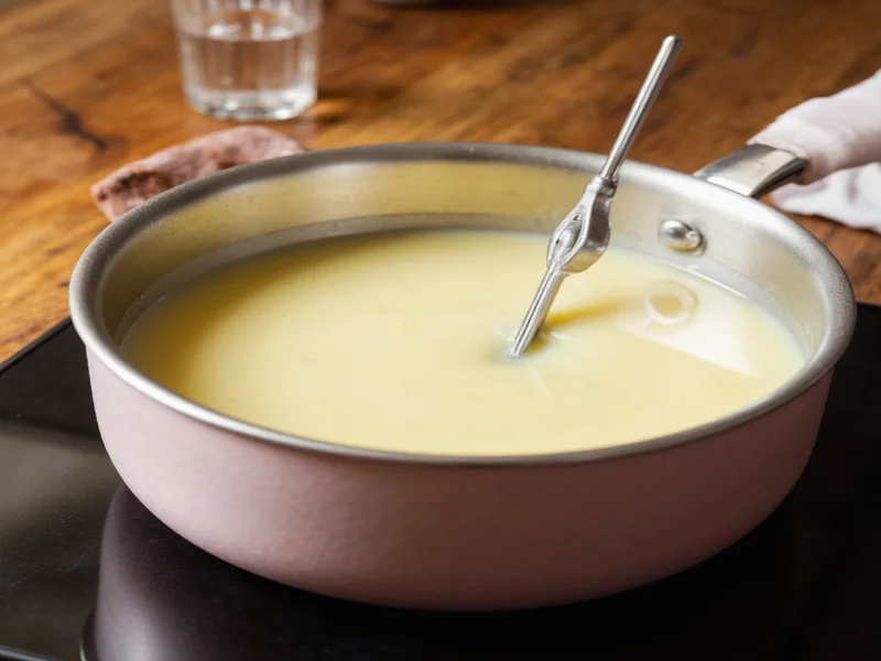 Homemade condensed milk simmering in saucepan with thermometer