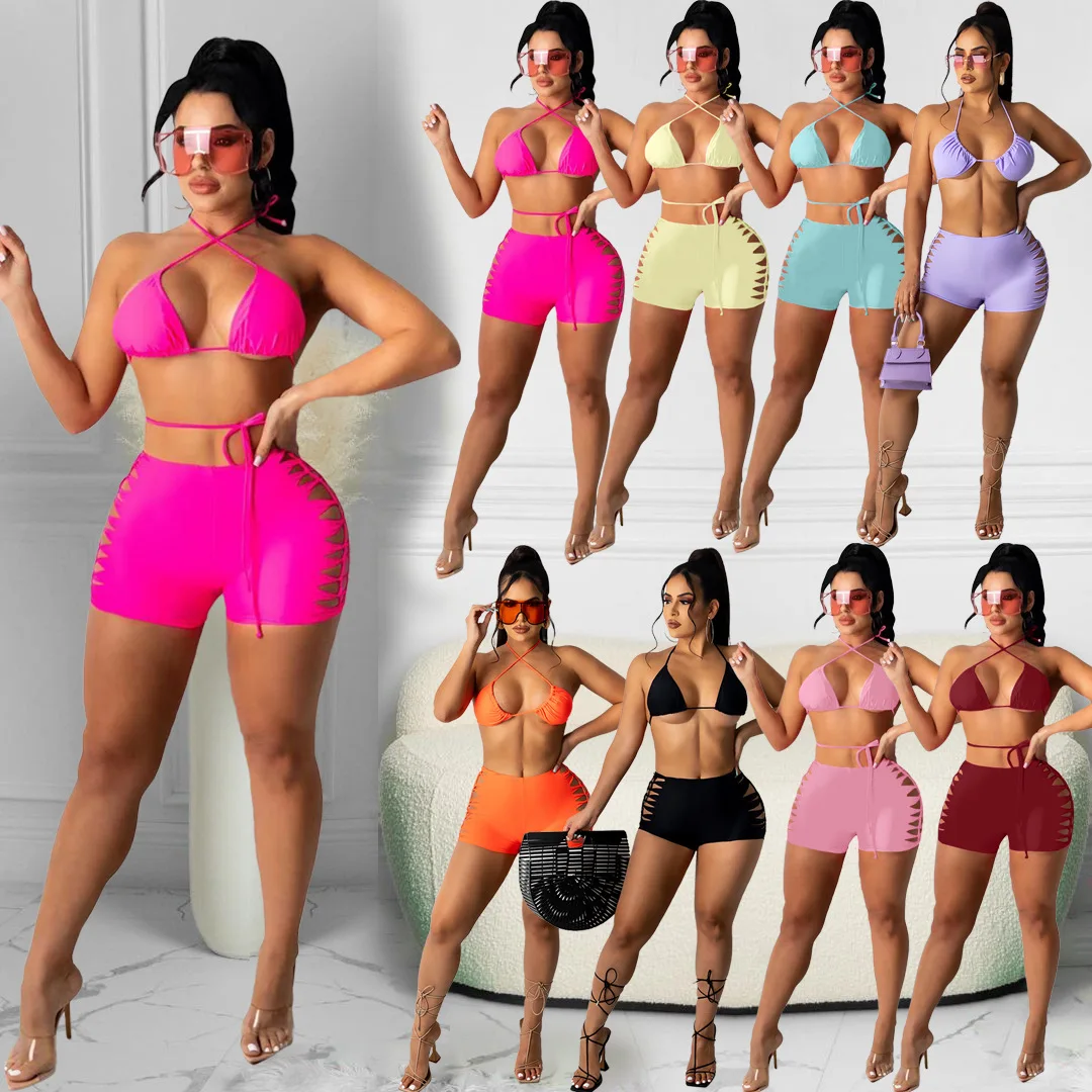 

DY1082 2021 simple solid color halterneck burnt tank string bikini two piece set, 8 colors