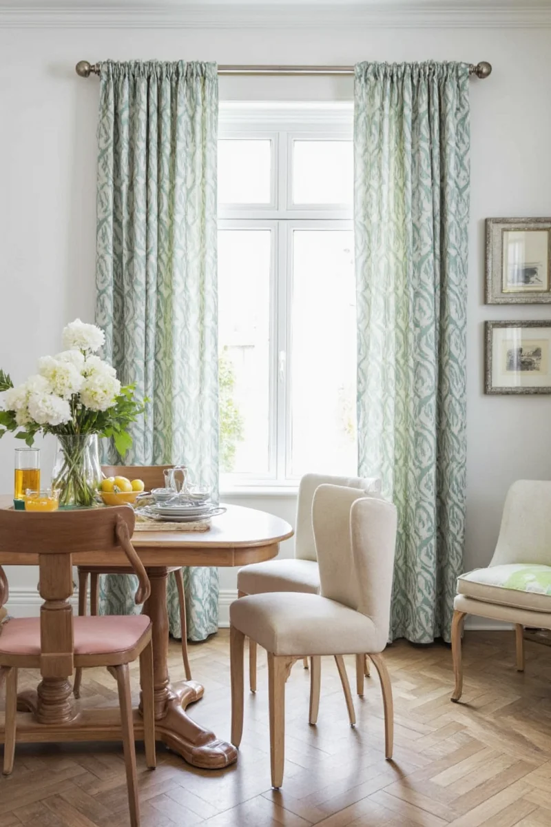 Colorful patterned curtains in a cheerful dining room