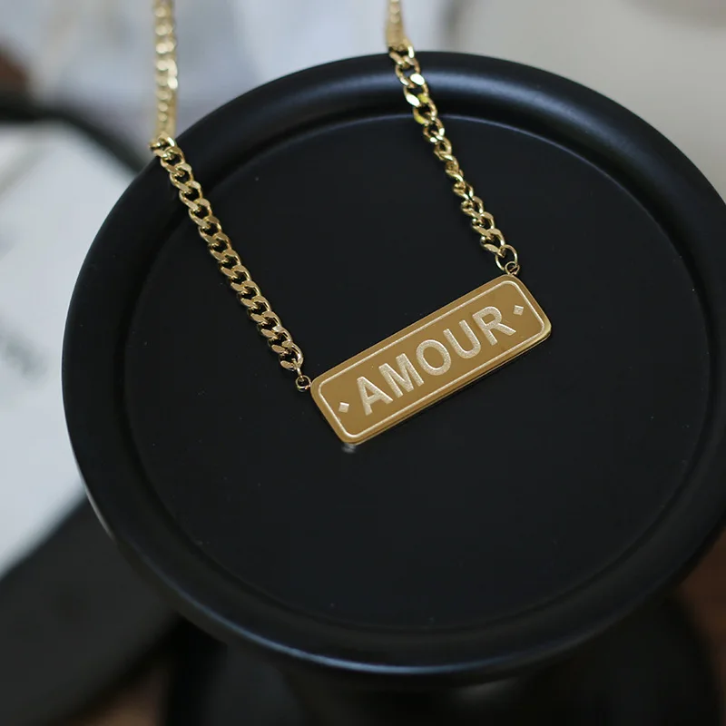 

French AMOUR square necklace long sweater chain autumn and winter new stainless steel plated 18K gold engraved bar Necklace