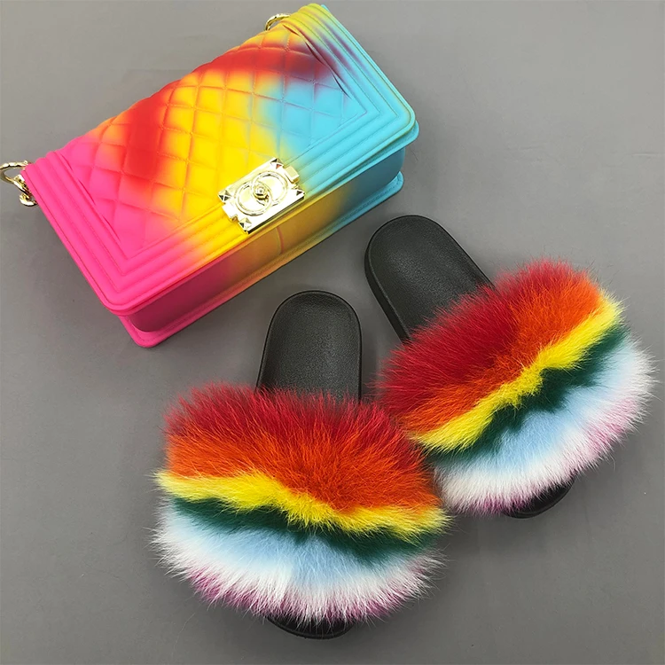 

2021 summer fashion big fur slides fluffy real fox fur slides slippers match jelly purses for women ladies, Customized color