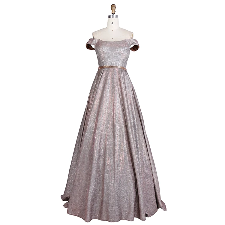 

Wholesale off the shoulder shiny knitted fabric prom gown evening dress with rhinestone belt