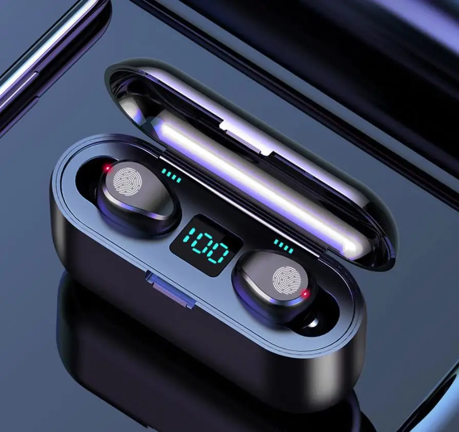 

2019 Wireless Earphone V5.0 F9 TWS Wireless LED Display With 2000mAh Power Bank Microphone F9 tws 5.0 BT headphone, Black