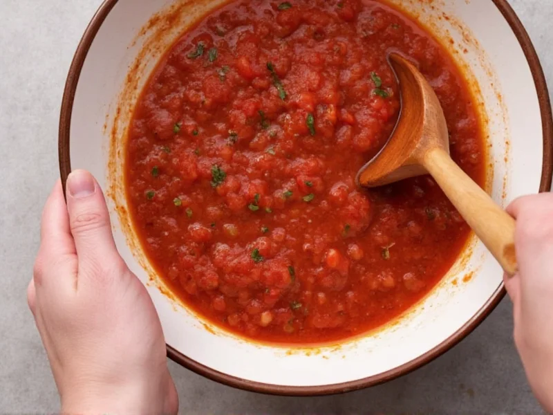 Hand mixing fresh salsa in ceramic bowl