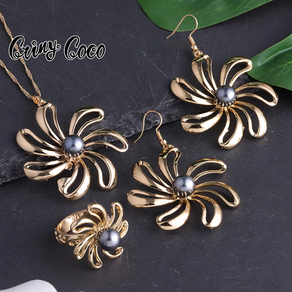 

Cring CoCo Popular New Samoan Guam Pearl Flower necklace 14k gold polynesian Set 3 pcs Rings Hawaiian jewelry Wholesale