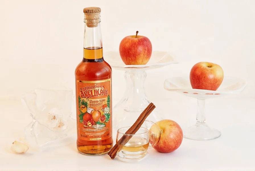 Close-up of cinnamon sticks resting on apple slices with apple jack bottle in background