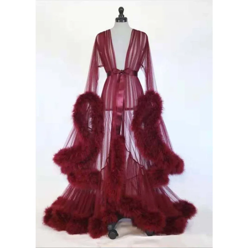 

Lingerie Perspective Robes for Women Feather Trumpet Sleeve Trailing Long Night Dress Luxury Temptation Nightgown Suit