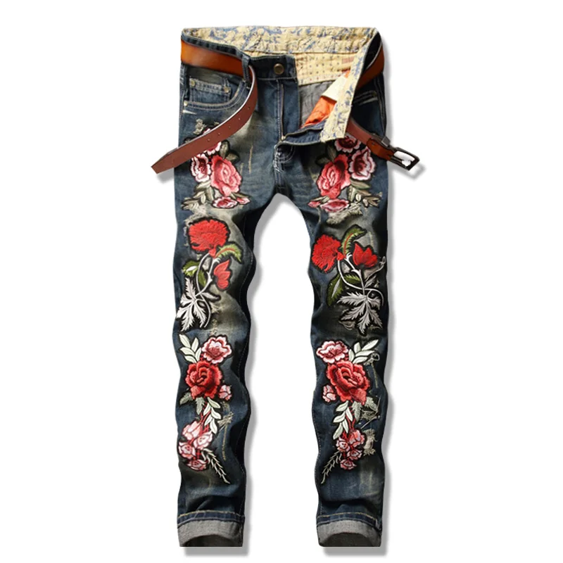 

Wholesale new style embroidered denim pants ripped jeans for man