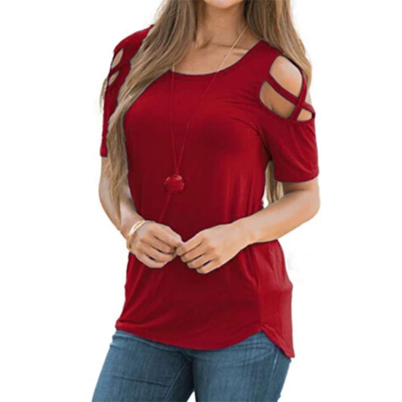 

Amazon Tops Wish Ebay Hot Selling Style Women Loose Cold Shoulder Casual Jersey Soft 100% Cotton Women Cotton Printed T Shirt, Customized colors