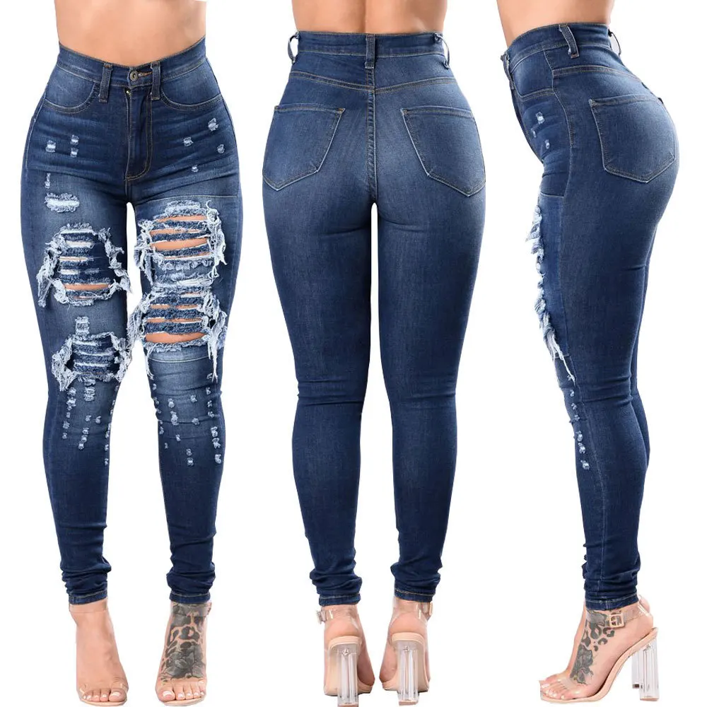 

Women Ripped Jeans Full Length Slim Washed Denim High Waist Distressed Skinny Jeans Ladies Broken Holes Trousers Pants, Picture shown