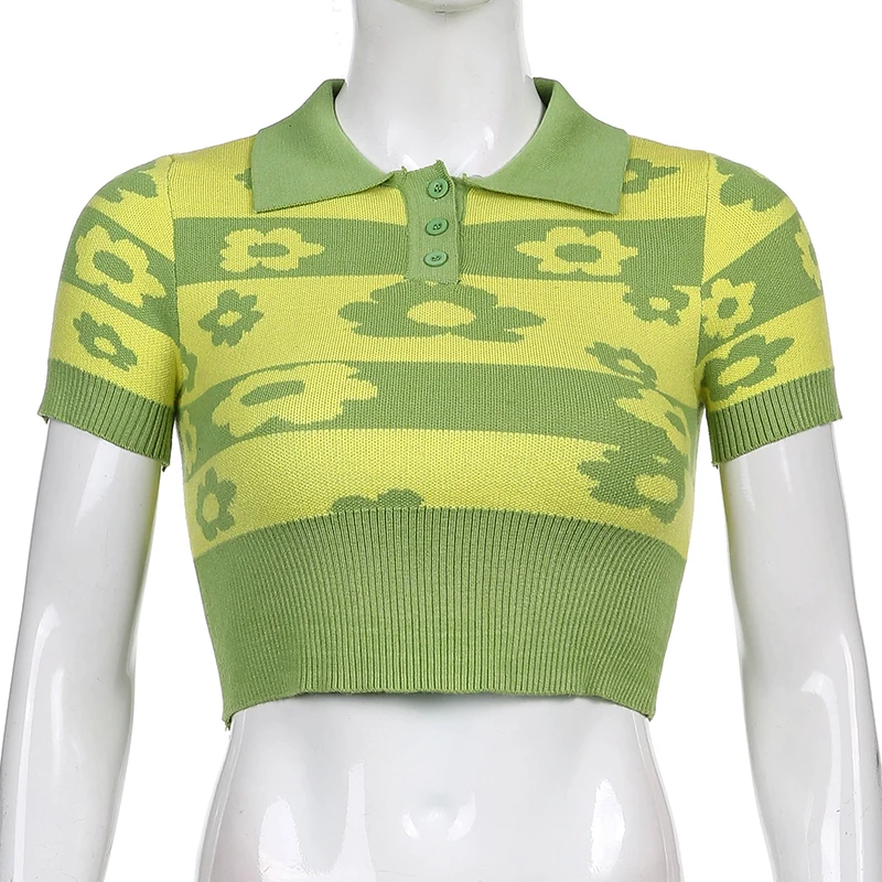 

Street Trendy Lapel Pullover Woolen Flowers Crop Top Short T-shirt Slim Sexy Blouse Polo 2021 Autumn New Women Clothing, Customized color
