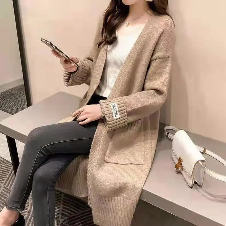 

2021 New Fall Fashion Women Lazy Style Thick Korean Pockets Knit Loose Solid Color Cardigan Over The Knee Long Sweaters