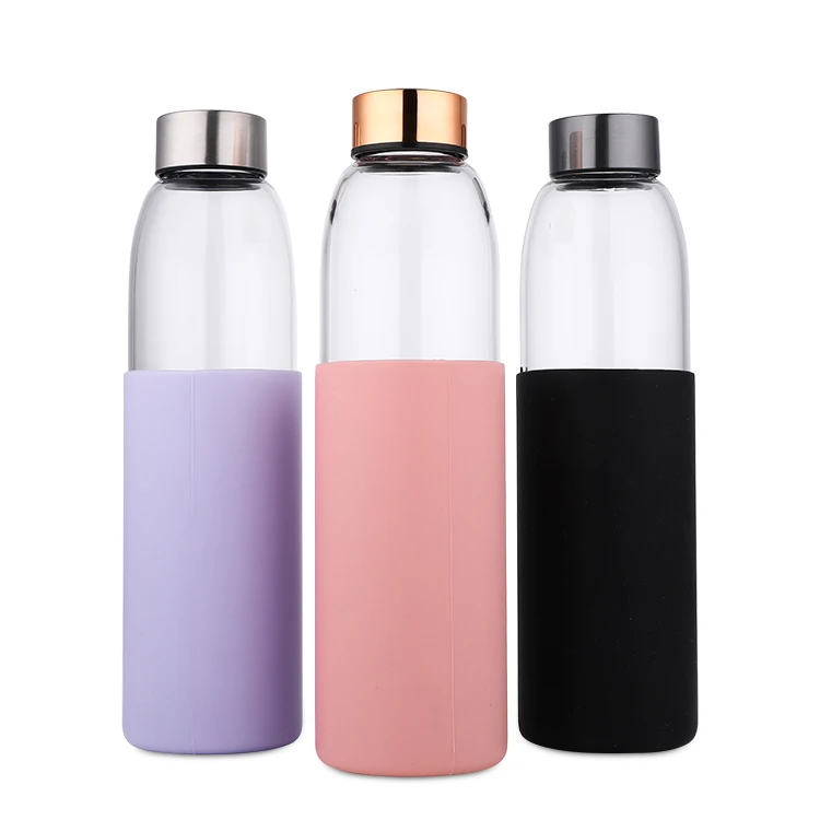 

550ml High quality borosilicate bamboo lid glass water bottle with silicone sleeve, Pantone color