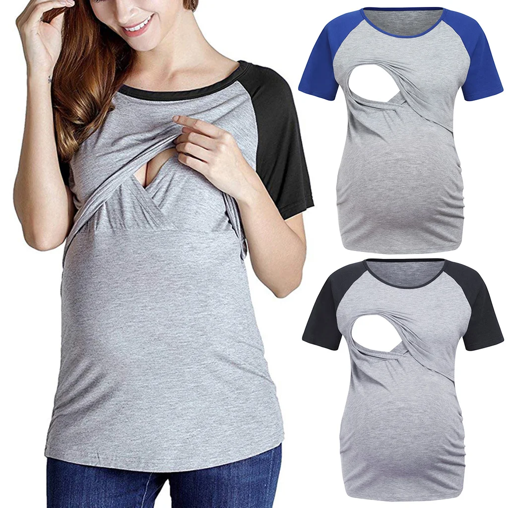 

Europe and the United States new round collar short sleeves contrast color maternity T-shirt breastfeeding shirt