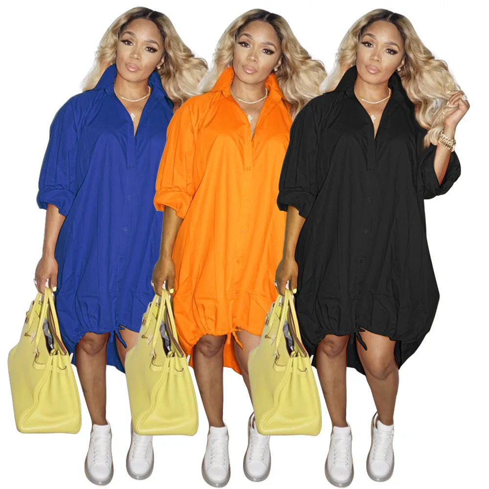 

T Shirt Dress Fashionable Ladies Turn Down Neck Long Sleeve Solid Color Tshirt Dress