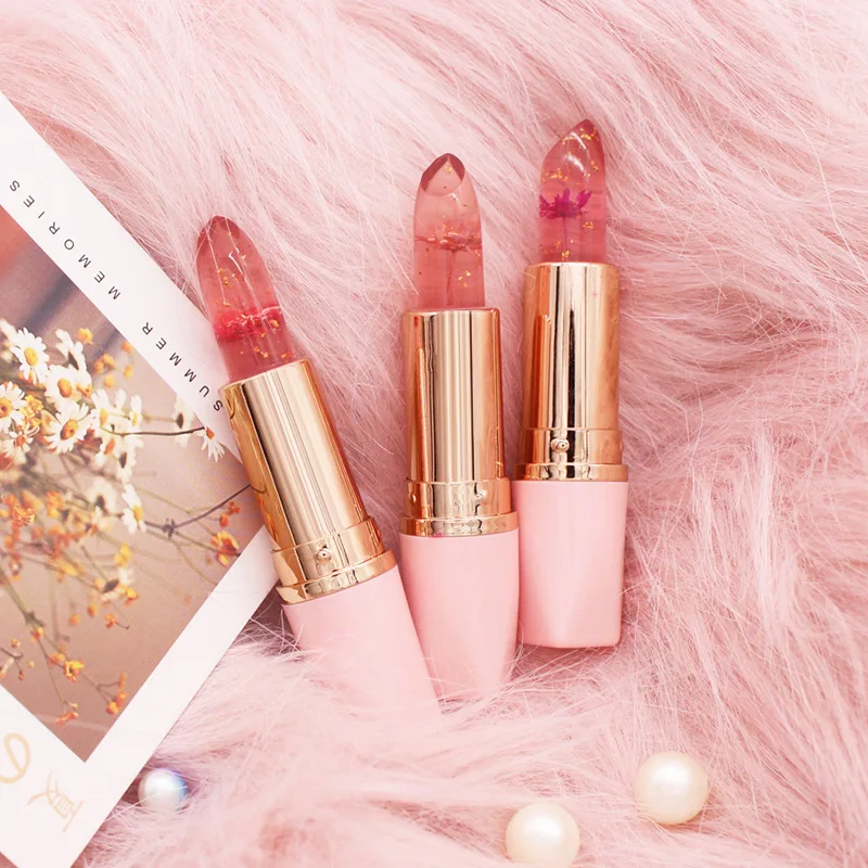 

Dried flowers gold foil jelly color changing lip balm magic temperature change lipstick moisturizing long lasting lipbalm, 3 color