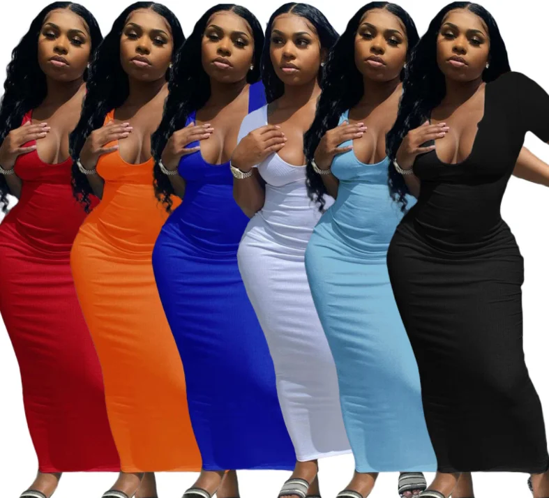 

New solid plain summer V neck knitted ribbed dress women casual long maxi dresses, White,orange,red,light blue,black,blue