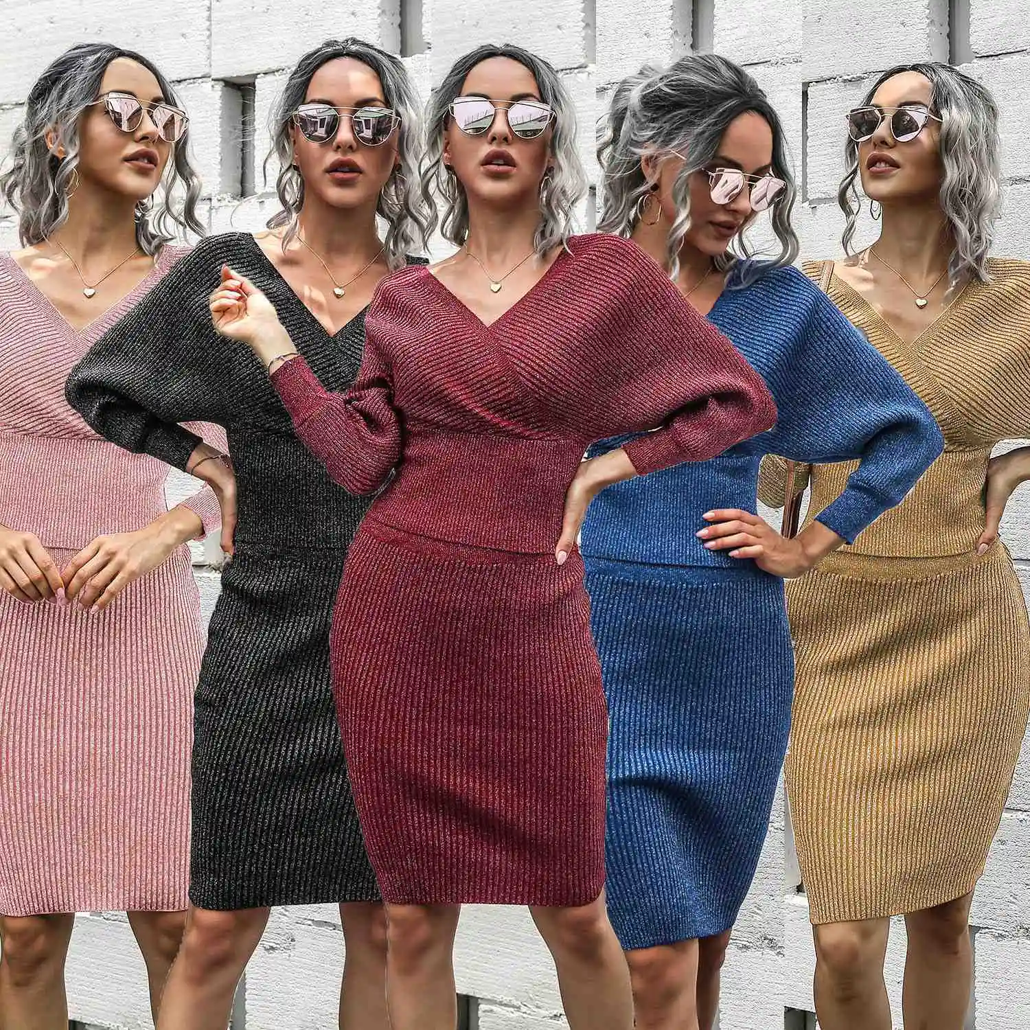 

Ladies Autumn/Winter One-Neck Bat Sleeve Knit Sweater Open Back Two-piece Hip Sweater Dress