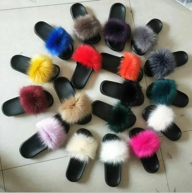 

Factory supply black fox fur slides for kids, 18 colors