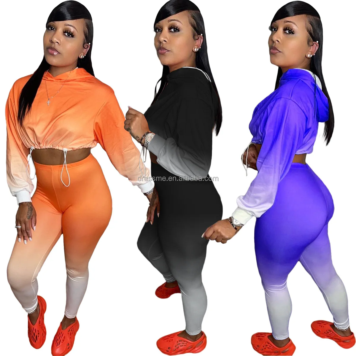 

MT162-88011 Wholesale autumn fashion casual tight-fitting gradient sportswear smocked hooded top and pants two piece pants set