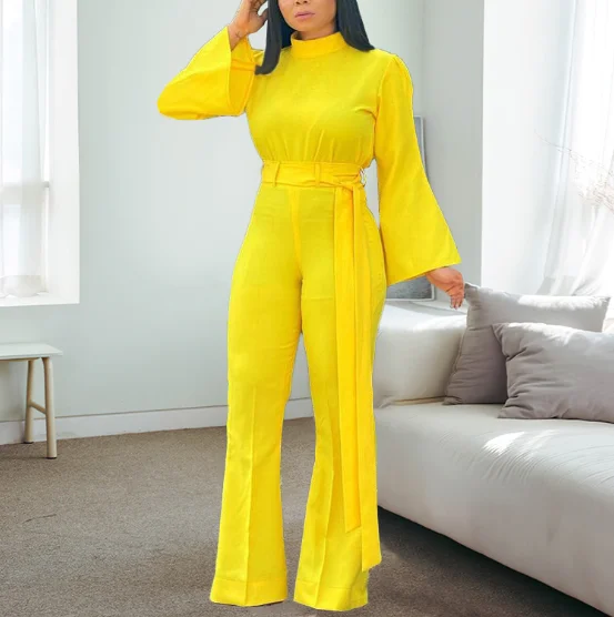 

2021 Latest Bodycon Fashion Flare Sleeve Waist Belt Women Jumpsuits, Yellow blue