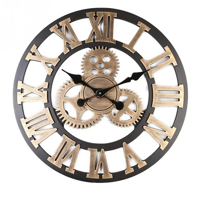 

16-inch vintage gear wall Clock European Living Room mute OEM custom creative clock home wood 3D wall hanging, Customized color