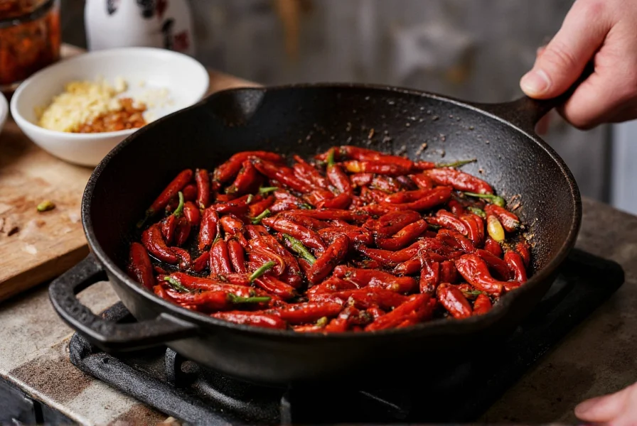 Professional chef toasting dried red chilies in cast iron skillet with garlic cloves and spices